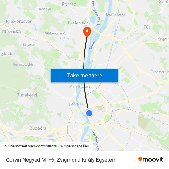 Corvin-Negyed M to Zsigmond Király Egyetem map