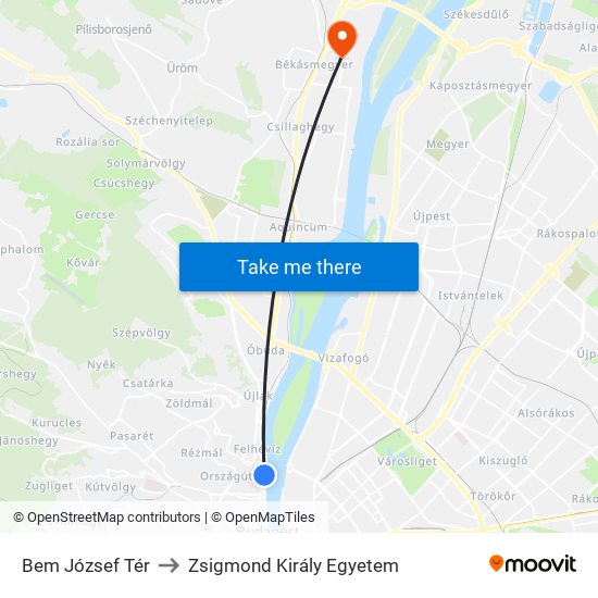 Bem József Tér to Zsigmond Király Egyetem map