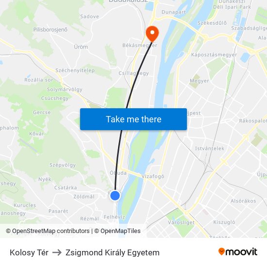 Kolosy Tér to Zsigmond Király Egyetem map