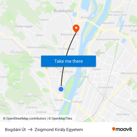 Bogdáni Út to Zsigmond Király Egyetem map