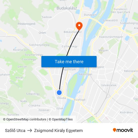 Szőlő Utca to Zsigmond Király Egyetem map