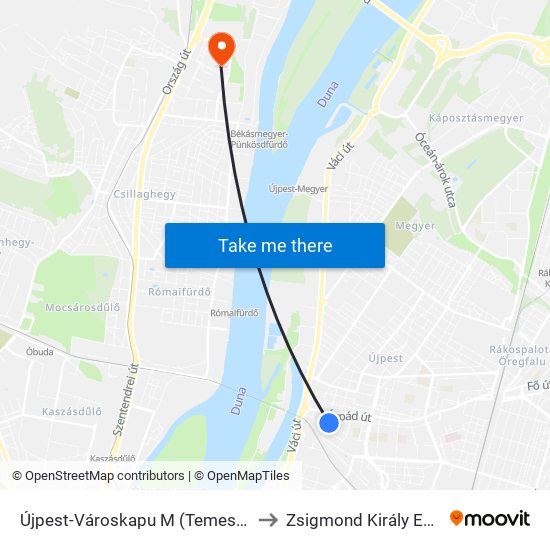 Újpest-Városkapu M (Temesvári Utca) to Zsigmond Király Egyetem map