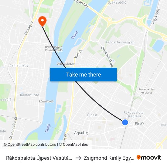 Rákospalota-Újpest Vasútállomás to Zsigmond Király Egyetem map
