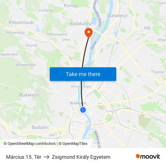 Március 15. Tér to Zsigmond Király Egyetem map