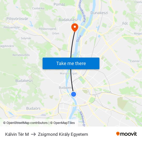 Kálvin Tér M to Zsigmond Király Egyetem map