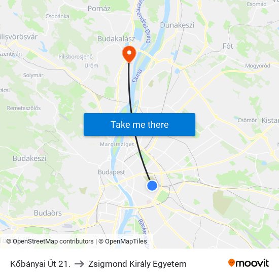 Kőbányai Út 21. to Zsigmond Király Egyetem map