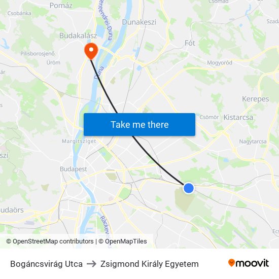 Bogáncsvirág Utca to Zsigmond Király Egyetem map