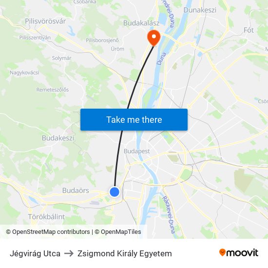 Jégvirág Utca to Zsigmond Király Egyetem map