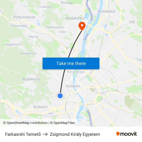 Farkasréti Temető to Zsigmond Király Egyetem map