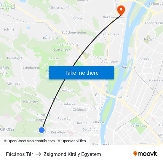 Fácános Tér to Zsigmond Király Egyetem map