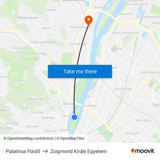Palatinus Fürdő to Zsigmond Király Egyetem map