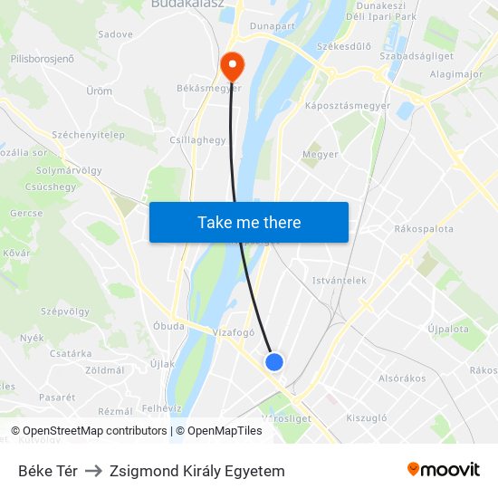 Béke Tér to Zsigmond Király Egyetem map