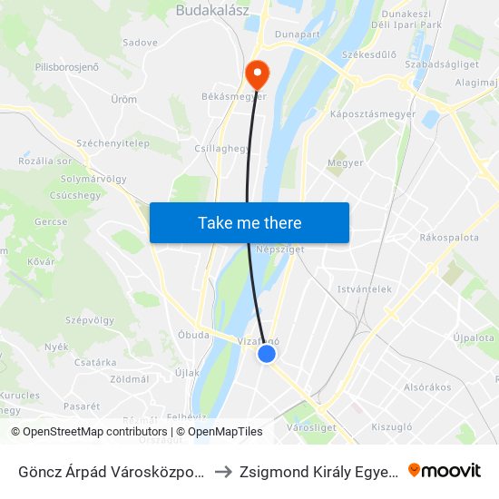 Göncz Árpád Városközpont M to Zsigmond Király Egyetem map