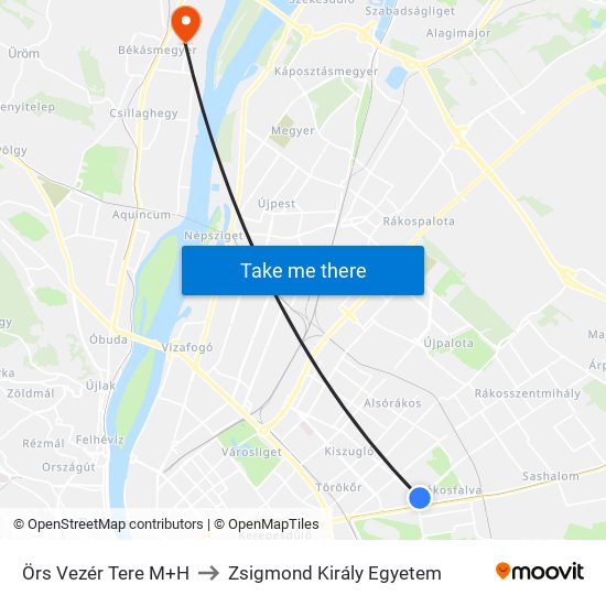Örs Vezér Tere M+H to Zsigmond Király Egyetem map
