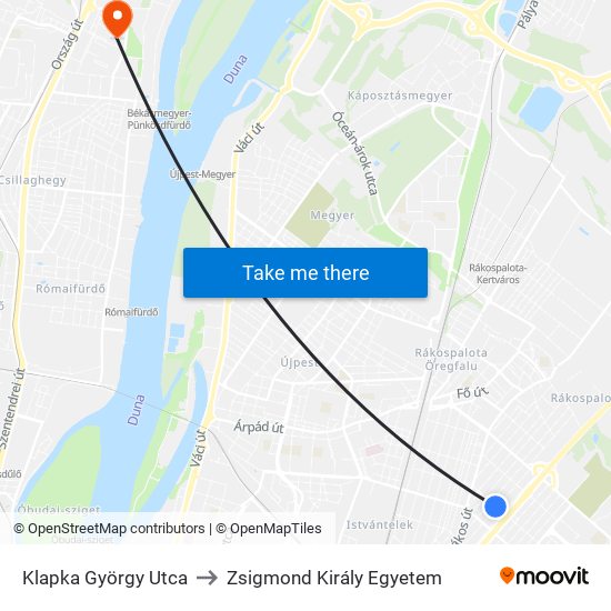 Klapka György Utca to Zsigmond Király Egyetem map