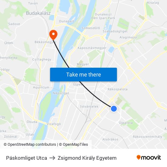 Páskomliget Utca to Zsigmond Király Egyetem map