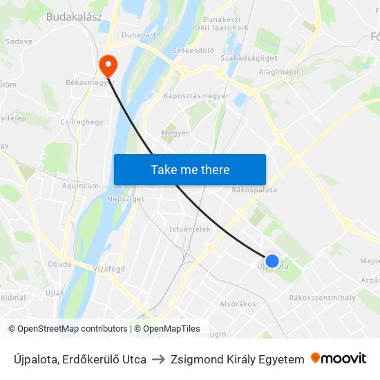 Újpalota, Erdőkerülő Utca to Zsigmond Király Egyetem map