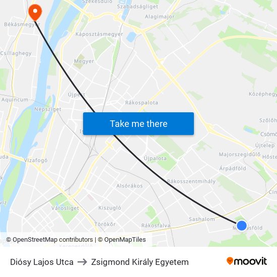 Diósy Lajos Utca to Zsigmond Király Egyetem map