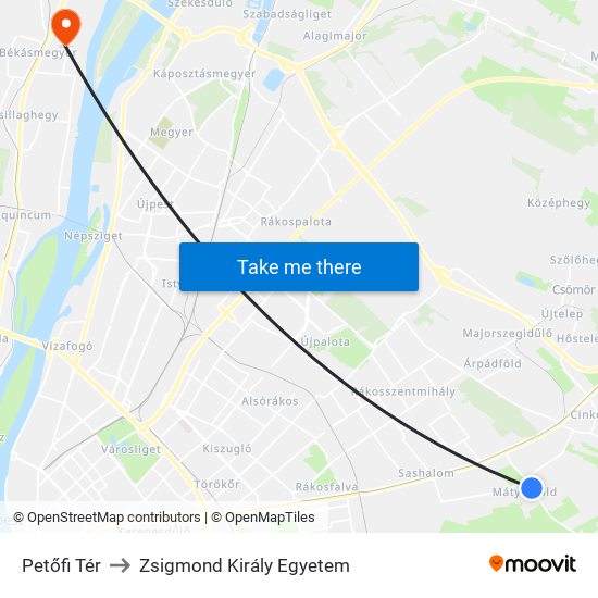 Petőfi Tér to Zsigmond Király Egyetem map
