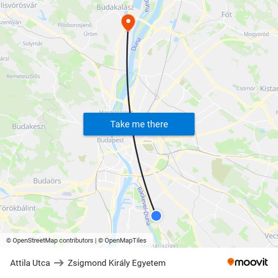 Attila Utca to Zsigmond Király Egyetem map