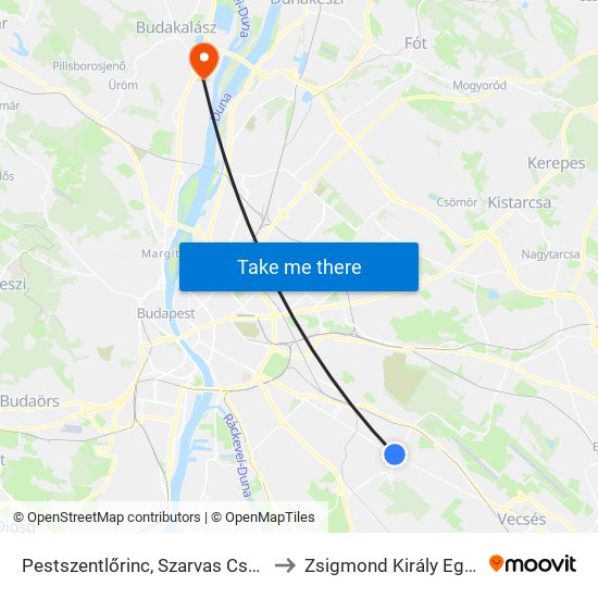 Pestszentlőrinc, Szarvas Csárda Tér to Zsigmond Király Egyetem map