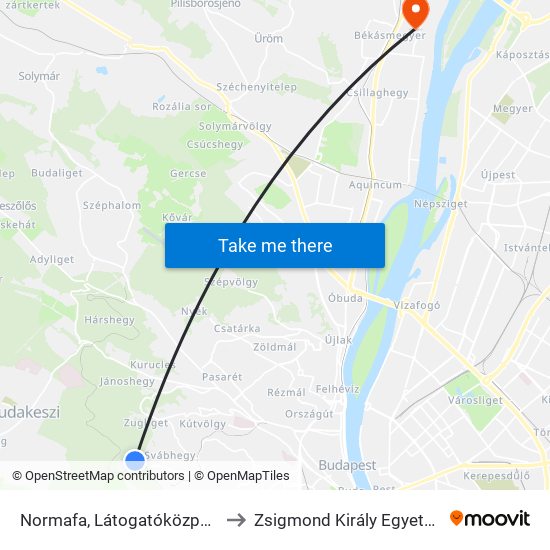 Normafa, Látogatóközpont to Zsigmond Király Egyetem map