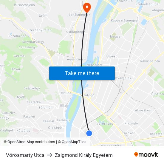 Vörösmarty Utca to Zsigmond Király Egyetem map