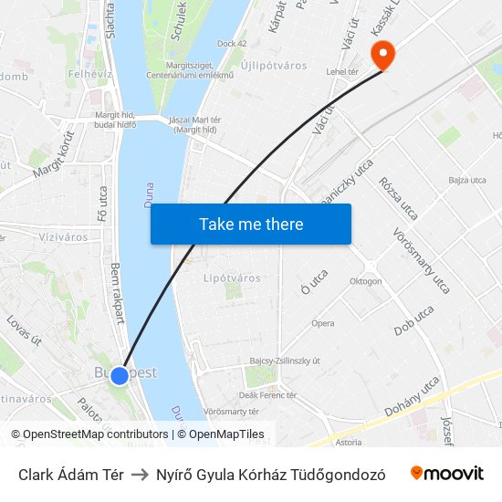 Clark Ádám Tér to Nyírő  Gyula Kórház Tüdőgondozó map