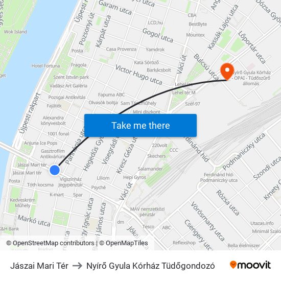 Jászai Mari Tér to Nyírő  Gyula Kórház Tüdőgondozó map