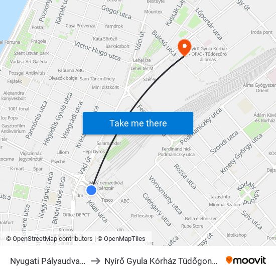 Nyugati Pályaudvar M to Nyírő  Gyula Kórház Tüdőgondozó map