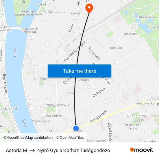 Astoria M to Nyírő  Gyula Kórház Tüdőgondozó map