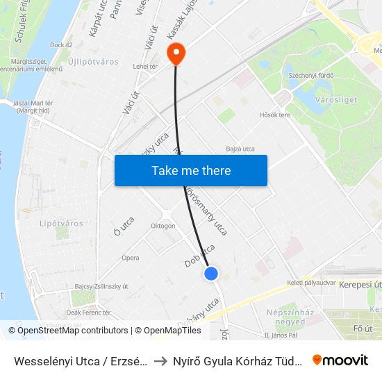 Wesselényi Utca / Erzsébet Körút to Nyírő  Gyula Kórház Tüdőgondozó map