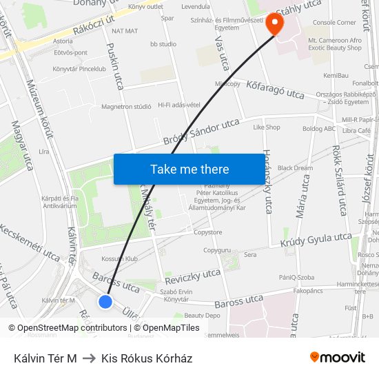 Kálvin Tér M to Kis Rókus Kórház map