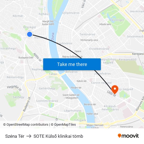 Széna Tér to SOTE Külső klinikai tömb map