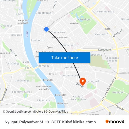 Nyugati Pályaudvar M to SOTE Külső klinikai tömb map