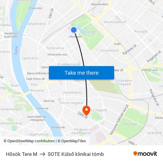 Hősök Tere M to SOTE Külső klinikai tömb map