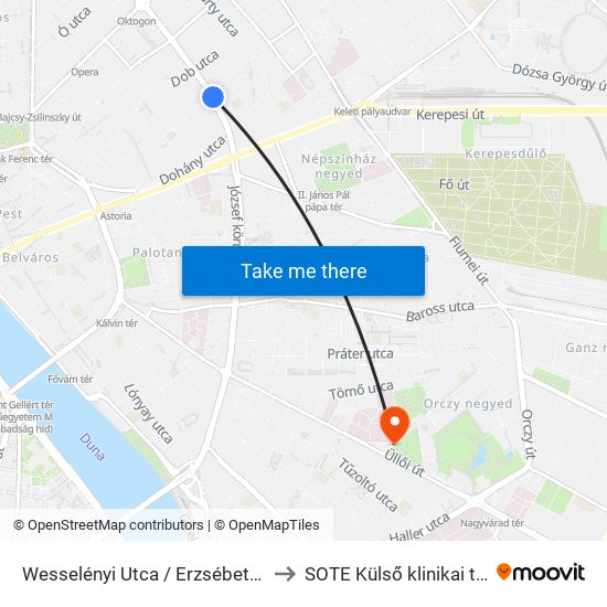 Wesselényi Utca / Erzsébet Körút to SOTE Külső klinikai tömb map