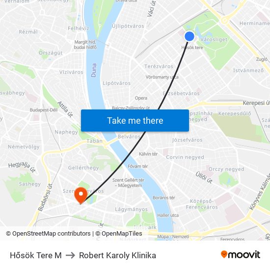 Hősök Tere M to Robert Karoly Klinika map