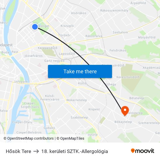 Hősök Tere to 18. kerületi SZTK.-Allergológia map