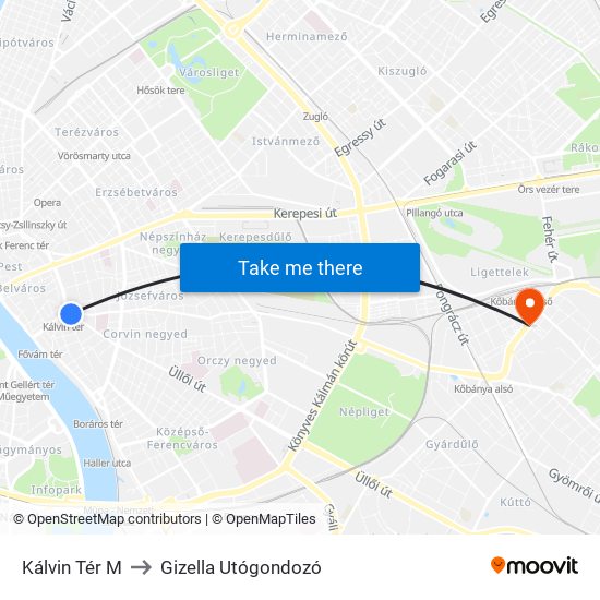 Kálvin Tér M to Gizella Utógondozó map