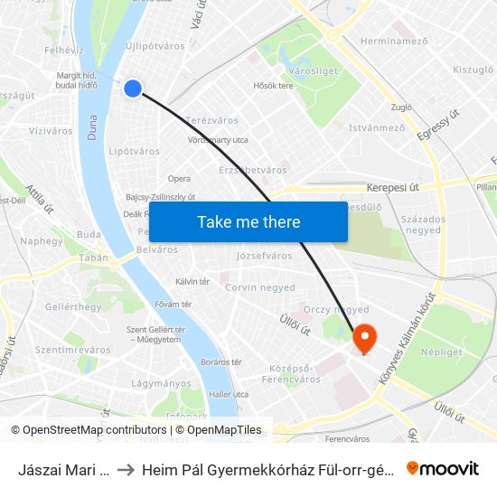 Jászai Mari Tér to Heim Pál Gyermekkórház Fül-orr-gégészet map