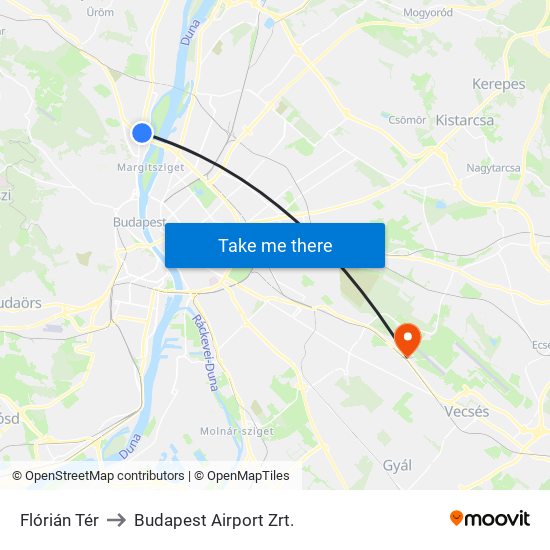 Flórián Tér to Budapest Airport Zrt. map