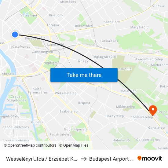 Wesselényi Utca / Erzsébet Körút to Budapest Airport Zrt. map