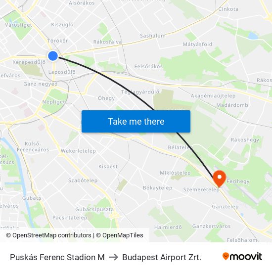 Puskás Ferenc Stadion M to Budapest Airport Zrt. map