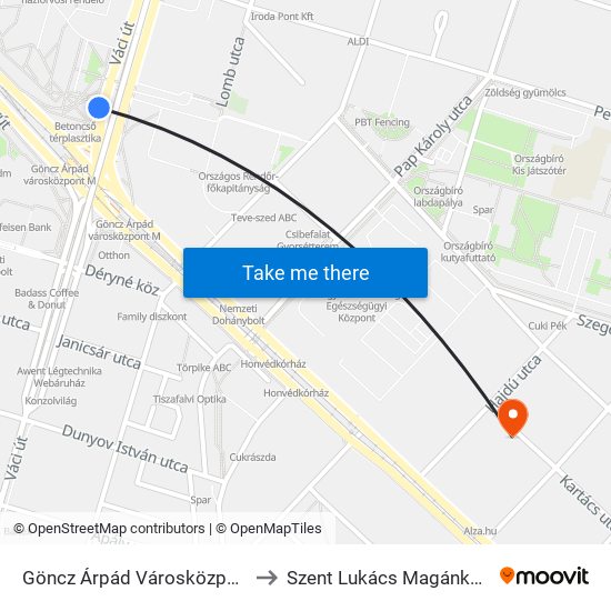 Göncz Árpád Városközpont M to Szent Lukács Magánkórház map