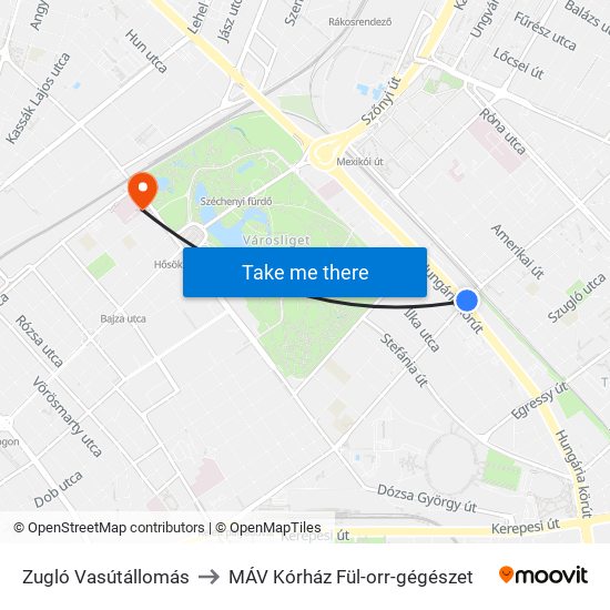 Zugló Vasútállomás to MÁV Kórház Fül-orr-gégészet map