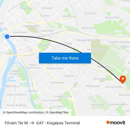 Fővám Tér M to GAT - Kisgépes Terminál map