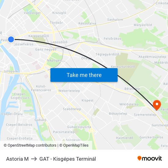 Astoria M to GAT - Kisgépes Terminál map