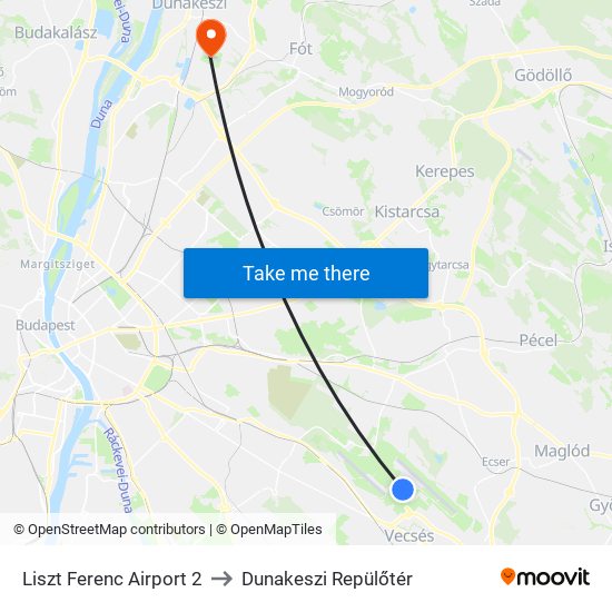 Liszt Ferenc Airport 2 to Dunakeszi Repülőtér map