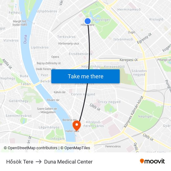 Hősök Tere to Duna Medical Center map